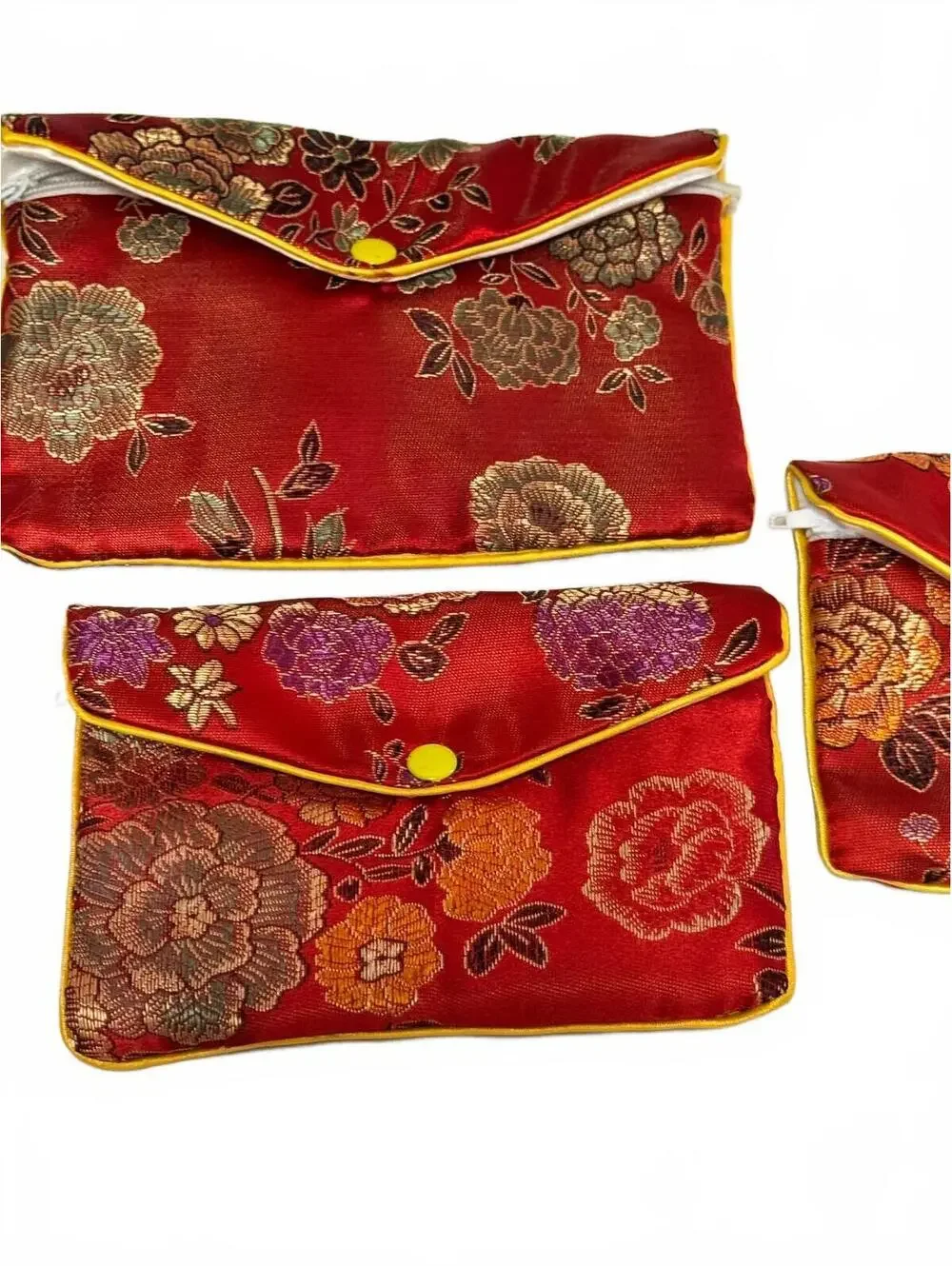 Chinese Brocade Silk Nesting Jewelry Pouches Set of 3 Red Floral Envelope